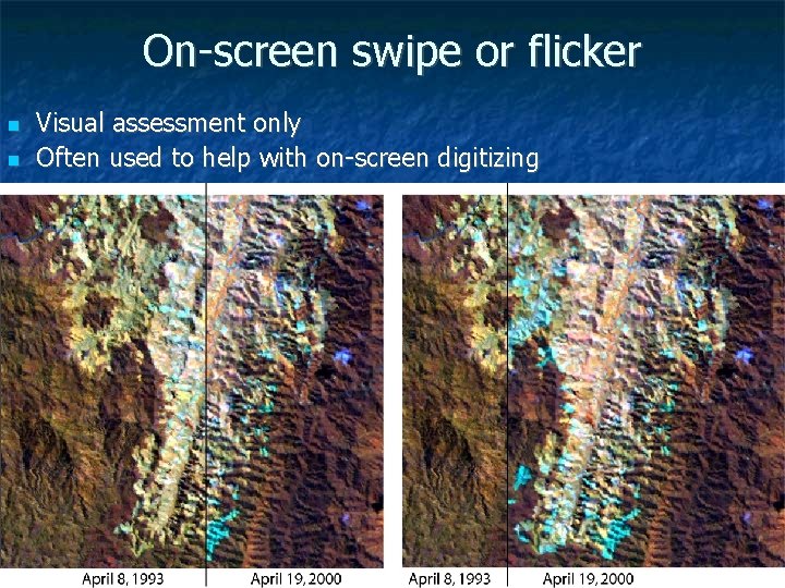 On-screen swipe or flicker Visual assessment only Often used to help with on-screen digitizing