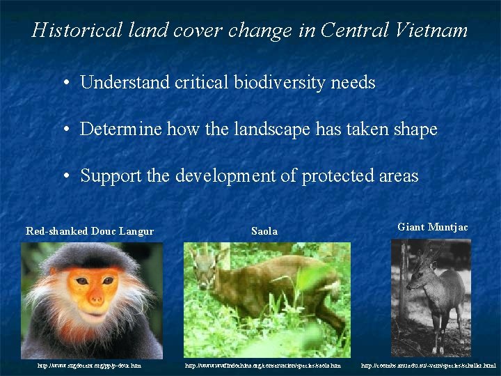 Historical land cover change in Central Vietnam • Understand critical biodiversity needs • Determine