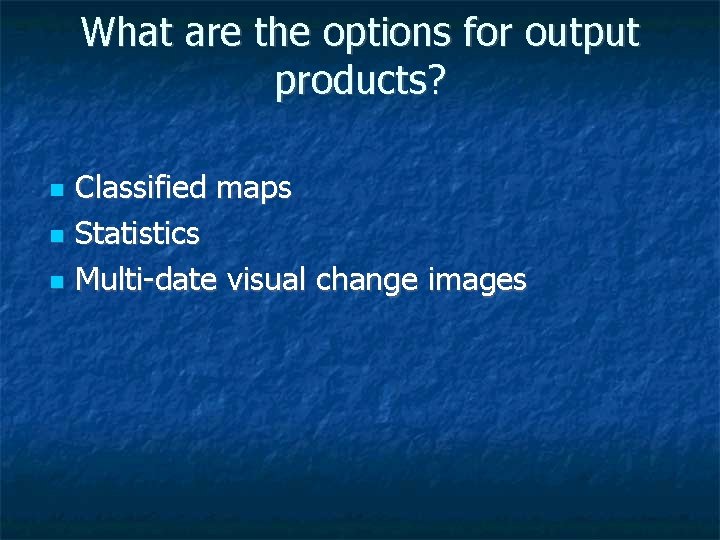 What are the options for output products? Classified maps Statistics Multi-date visual change images