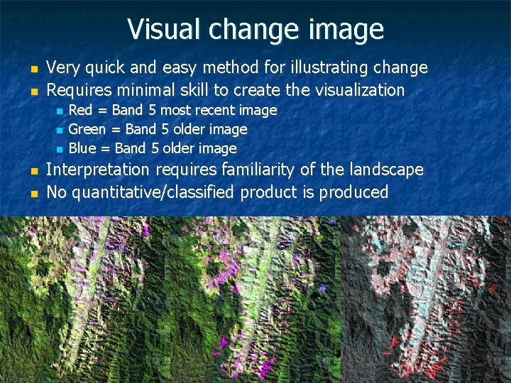 Visual change image Very quick and easy method for illustrating change Requires minimal skill