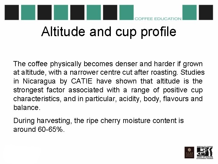 Altitude and cup profile The coffee physically becomes denser and harder if grown at