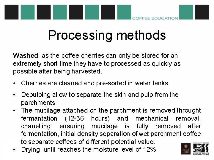 Processing methods Washed: as the coffee cherries can only be stored for an extremely