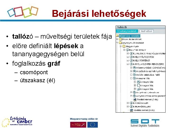 Bejárási lehetőségek • tallózó – műveltségi területek fája • előre definiált lépések a tananyagegységen