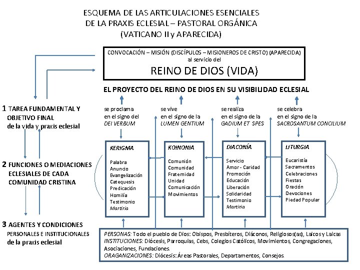 ESQUEMA DE LAS ARTICULACIONES ESENCIALES DE LA PRAXIS ECLESIAL – PASTORAL ORGÁNICA (VATICANO II