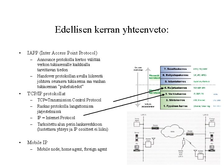 Edellisen kerran yhteenveto: • IAPP (Inter Access Point Protocol) – – • TCP/IP protokollat