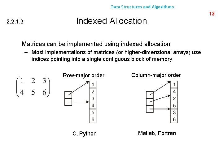 Data Structures and Algorithms 2. 2. 1. 3 Indexed Allocation Matrices can be implemented