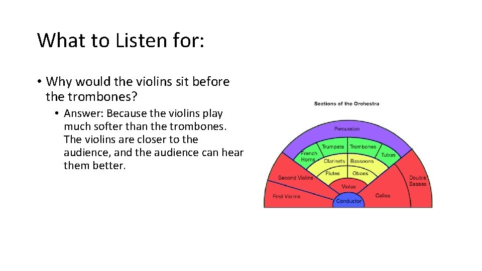 What to Listen for: • Why would the violins sit before the trombones? •