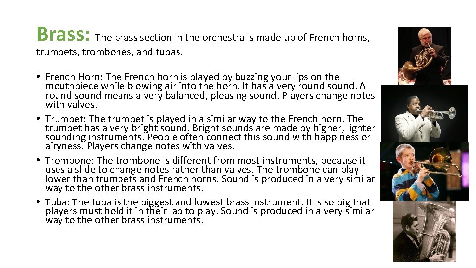 Brass: The brass section in the orchestra is made up of French horns, trumpets,