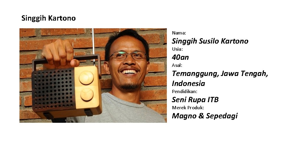 Singgih Kartono Nama: Singgih Susilo Kartono Usia: 40 an Asal: Temanggung, Jawa Tengah, Indonesia