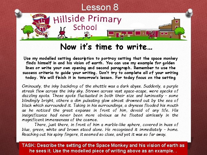 Lesson 8 Now it’s time to write… Use my modelled setting description to portray Lesson 8 Now it’s time to write… Use my modelled setting description to portray