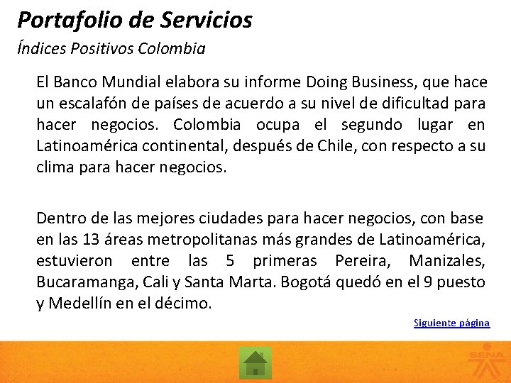 Portafolio de Servicios Índices Positivos Colombia El Banco Mundial elabora su informe Doing Business,