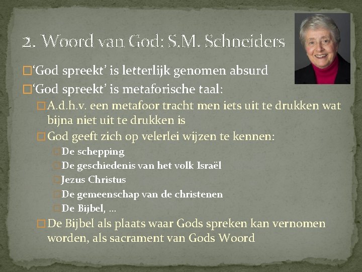 2. Woord van God: S. M. Schneiders �‘God spreekt’ is letterlijk genomen absurd �‘God