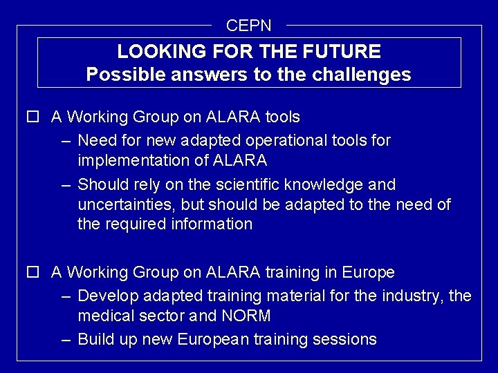 CEPN LOOKING FOR THE FUTURE Possible answers to the challenges o A Working Group