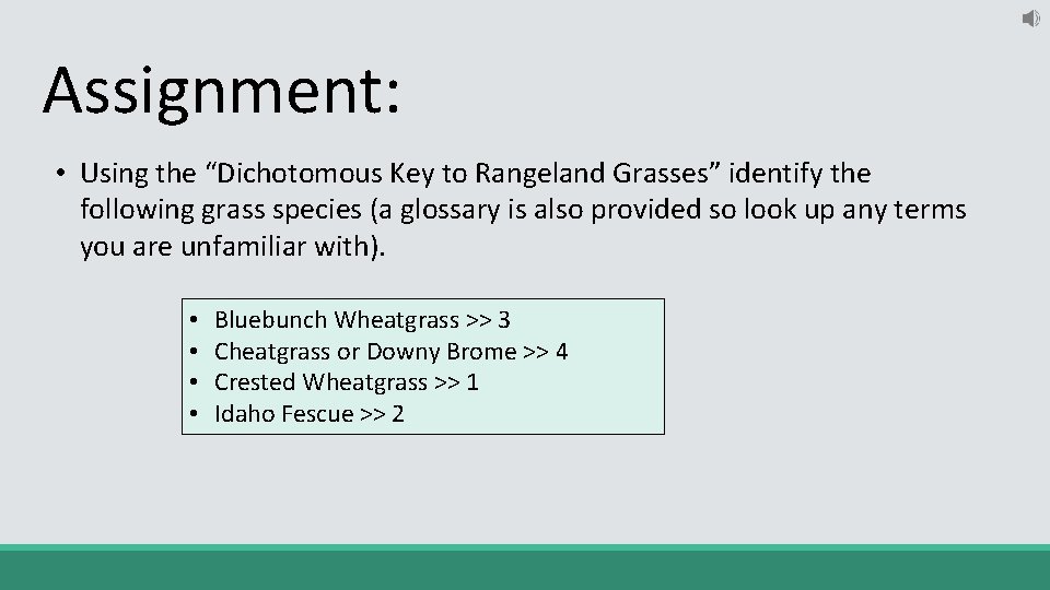 Assignment: • Using the “Dichotomous Key to Rangeland Grasses” identify the following grass species