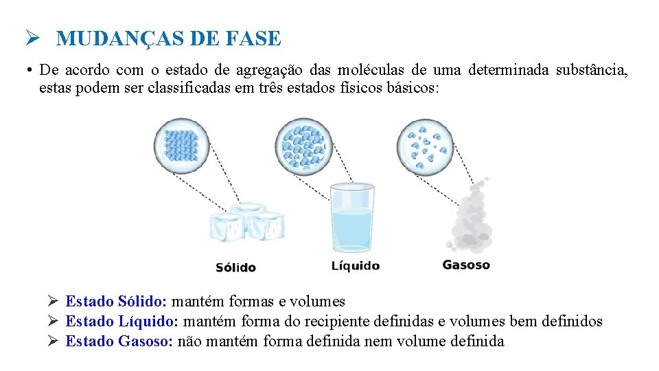 Ø MUDANÇAS DE FASE • De acordo com o estado de agregação das moléculas