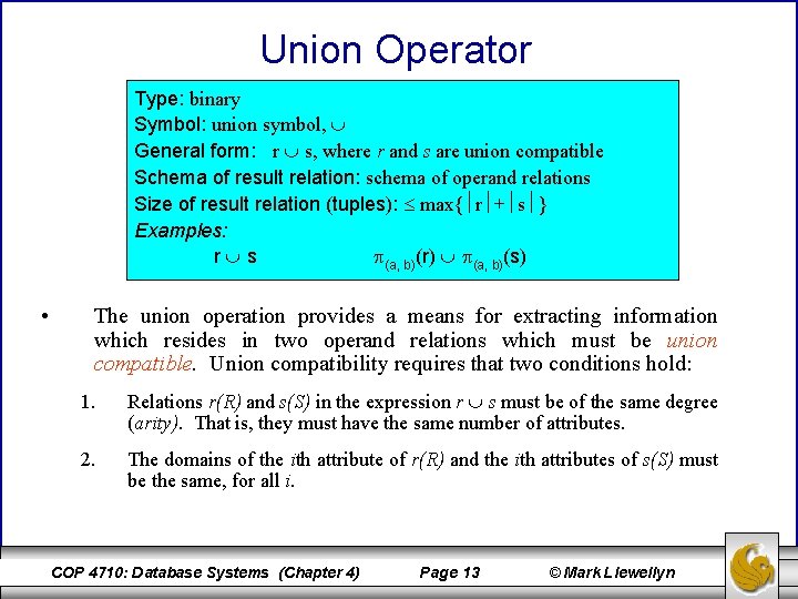 Union Operator Type: binary Symbol: union symbol, General form: r s, where r and