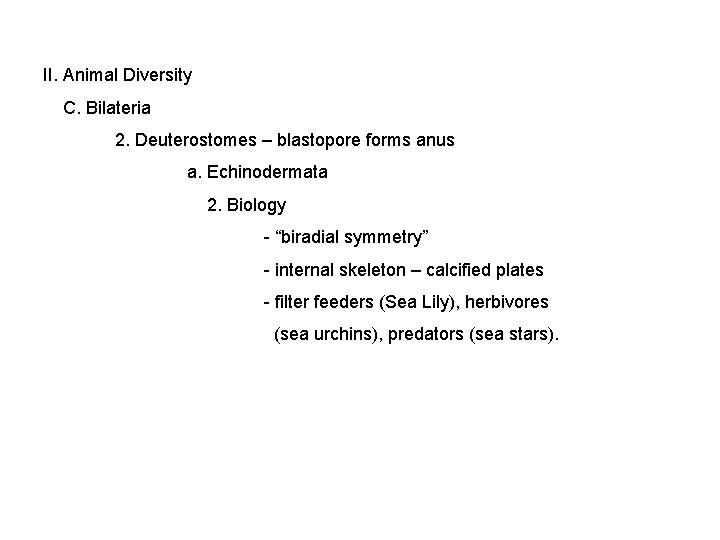 II. Animal Diversity C. Bilateria 2. Deuterostomes – blastopore forms anus a. Echinodermata 2.