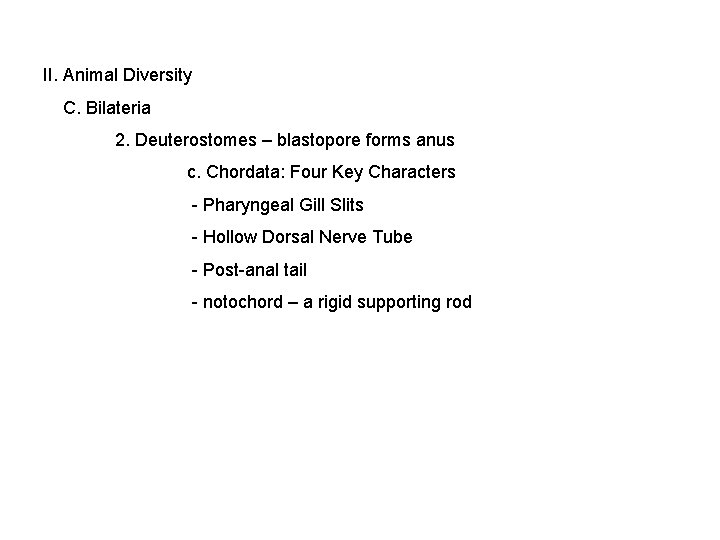 II. Animal Diversity C. Bilateria 2. Deuterostomes – blastopore forms anus c. Chordata: Four