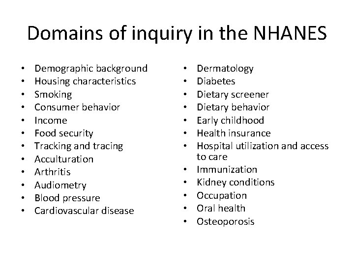Domains of inquiry in the NHANES • • • Demographic background Housing characteristics Smoking