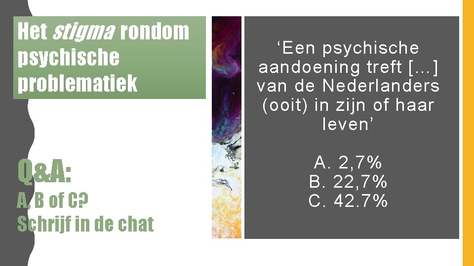 Het stigma rondom psychische problematiek Q&A: A, B of C? Schrijf in de chat