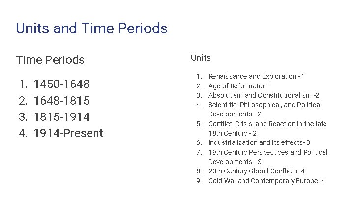 Units and Time Periods 1. 2. 3. 4. 1450 -1648 -1815 -1914 -Present Units