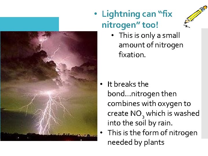  • Lightning can “fix nitrogen” too! Other Ways to “Fix” nitrogen… • This