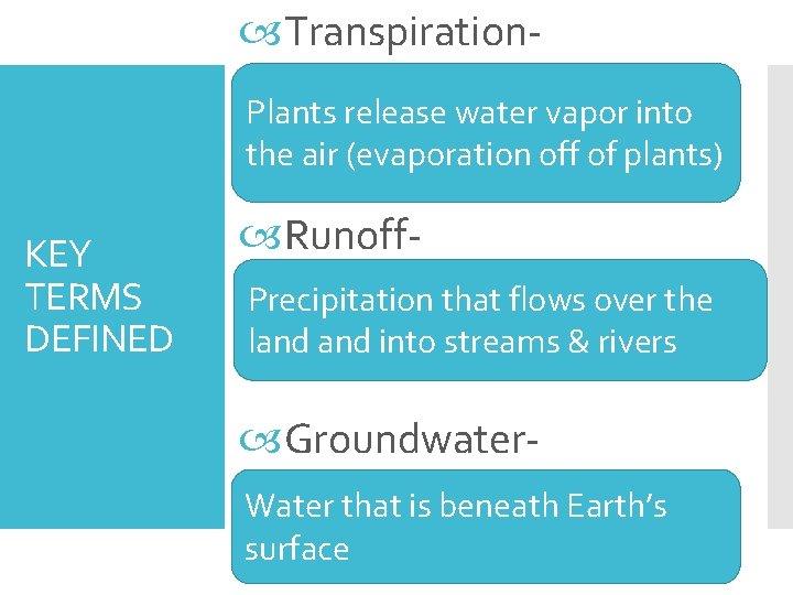  Transpiration. Plants release water vapor into the air (evaporation off of plants) KEY