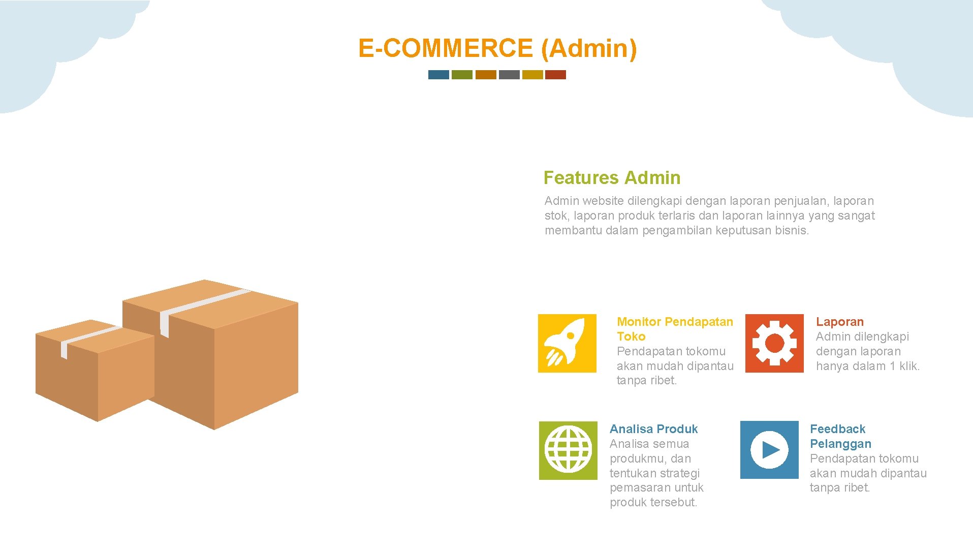 E-COMMERCE (Admin) Features Admin website dilengkapi dengan laporan penjualan, laporan stok, laporan produk terlaris