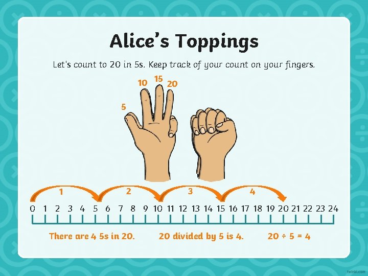 Alice’s Toppings Let’s count to 20 in 5 s. Keep track of your count