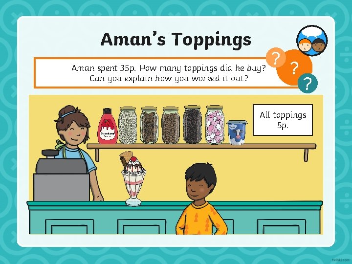 Aman’s Toppings ? Aman spent 35 p. How many toppings did he buy? Can