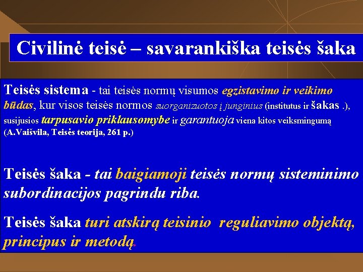 Civilinė teisė – savarankiška teisės šaka Teisės sistema - tai teisės normų visumos egzistavimo