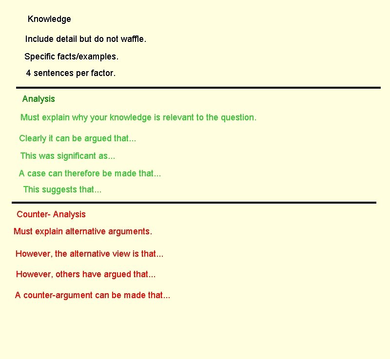 Knowledge Include detail but do not waffle. Specific facts/examples. 4 sentences per factor. Analysis