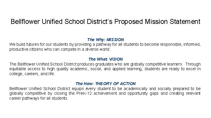 Bellflower Unified School District’s Proposed Mission Statement The Why: MISSION We build futures for