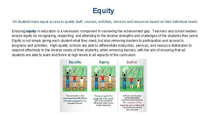 Equity All students have equal access to quality staff, courses, activities, services and resources