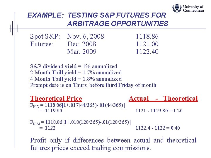 EXAMPLE: TESTING S&P FUTURES FOR ARBITRAGE OPPORTUNITIES Spot S&P: Futures: Nov. 6, 2008 Dec.