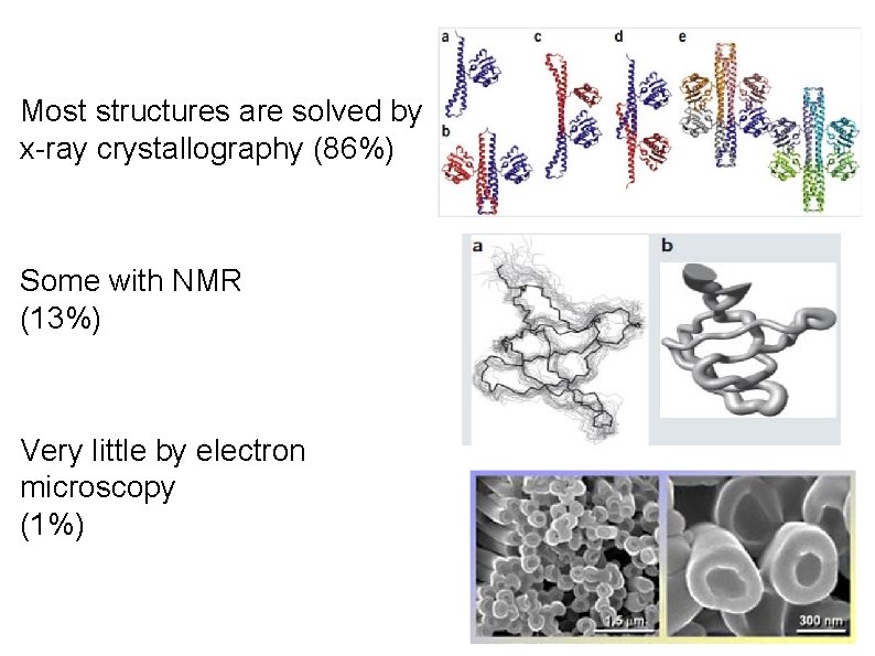 Most structures are solved by x-ray crystallography (86%) Some with NMR (13%) Very little