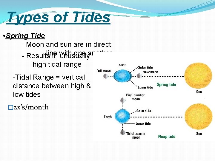 Types of Tides • Spring Tide - Moon and sun are in direct line