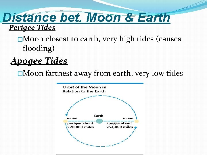 Distance bet. Moon & Earth Perigee Tides �Moon closest to earth, very high tides