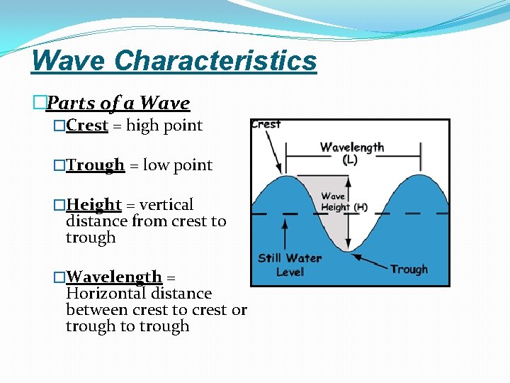 Wave Characteristics �Parts of a Wave �Crest = high point �Trough = low point