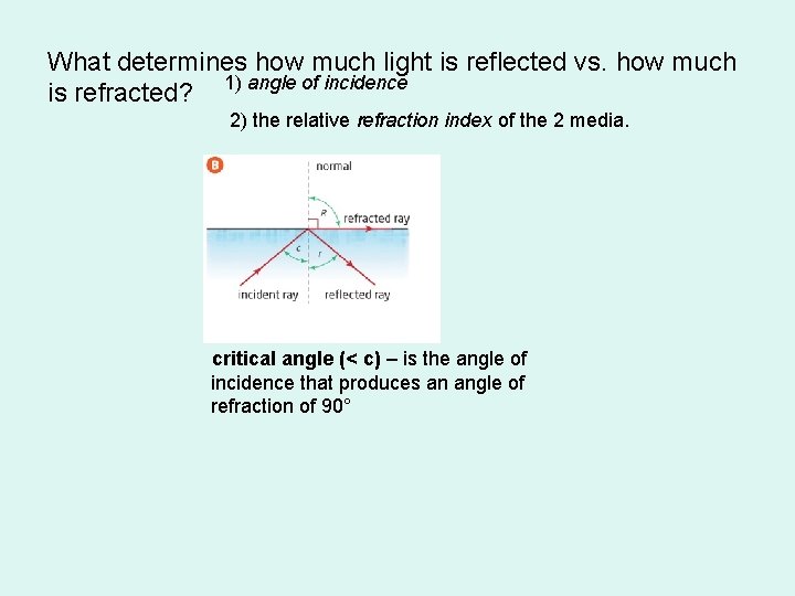 What determines how much light is reflected vs. how much is refracted? 1) angle