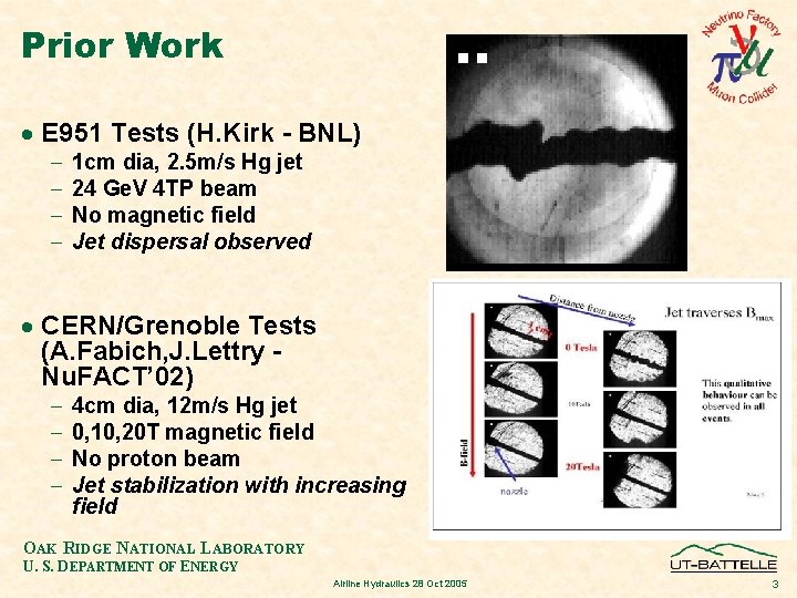 Prior Work · E 951 Tests (H. Kirk - BNL) - 1 cm dia,