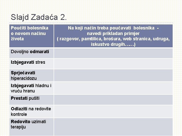 Slajd Zadaća 2. Poučiti bolesnika o novom načinu života Dovoljno odmarati Izbjegavati stres Sprječavati