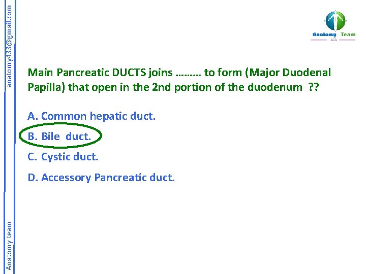 anatomy 433@gmail. com Main Pancreatic DUCTS joins ……… to form (Major Duodenal Papilla) that