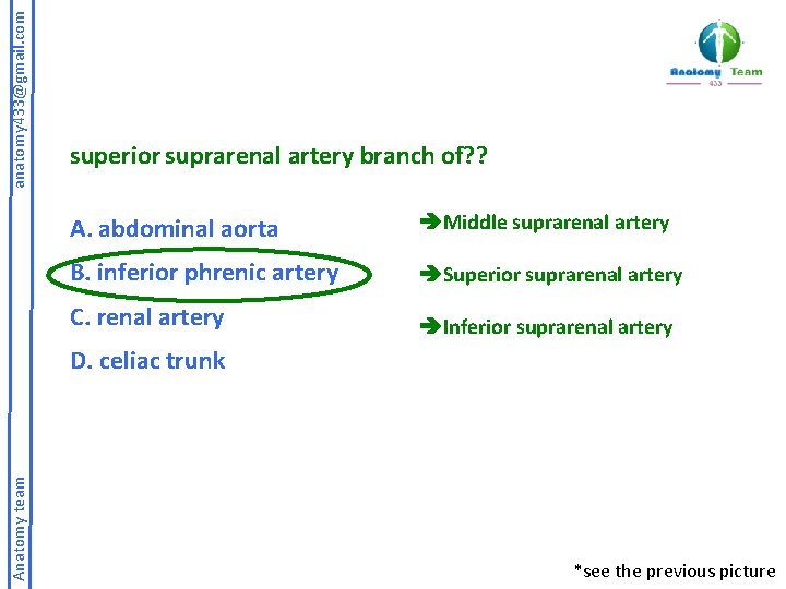 anatomy 433@gmail. com superior suprarenal artery branch of? ? A. abdominal aorta Middle suprarenal