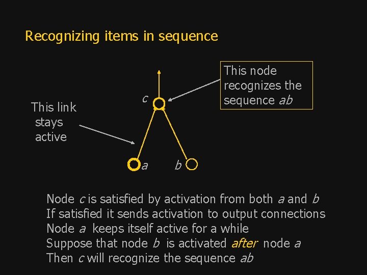 Recognizing items in sequence This link stays active This node recognizes the sequence ab