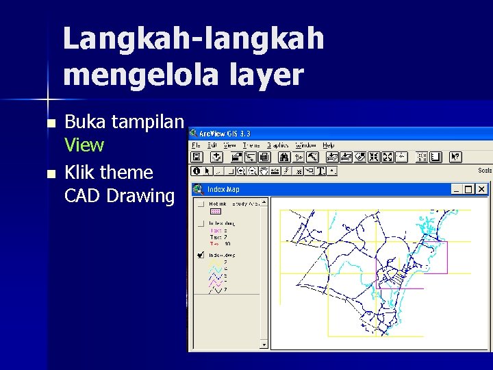 Langkah-langkah mengelola layer n n Buka tampilan View Klik theme CAD Drawing 