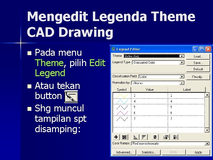 Mengedit Legenda Theme CAD Drawing Pada menu Theme, pilih Edit Legend n Atau tekan