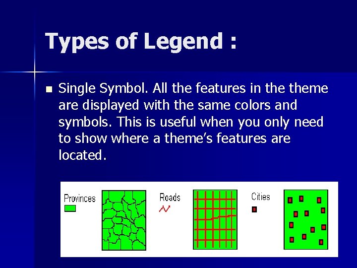 Types of Legend : n Single Symbol. All the features in theme are displayed