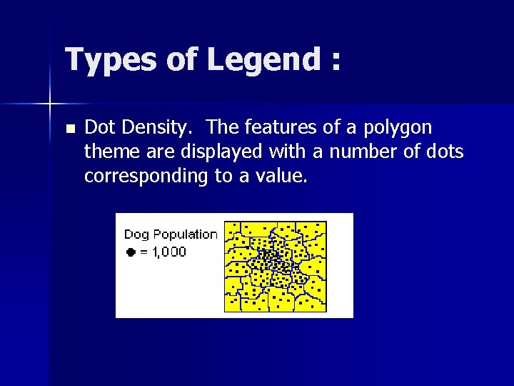 Types of Legend : n Dot Density. The features of a polygon theme are