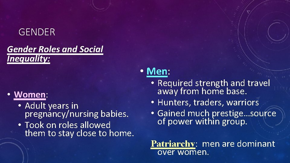 GENDER Gender Roles and Social Inequality: • Men: • Women: • Adult years in